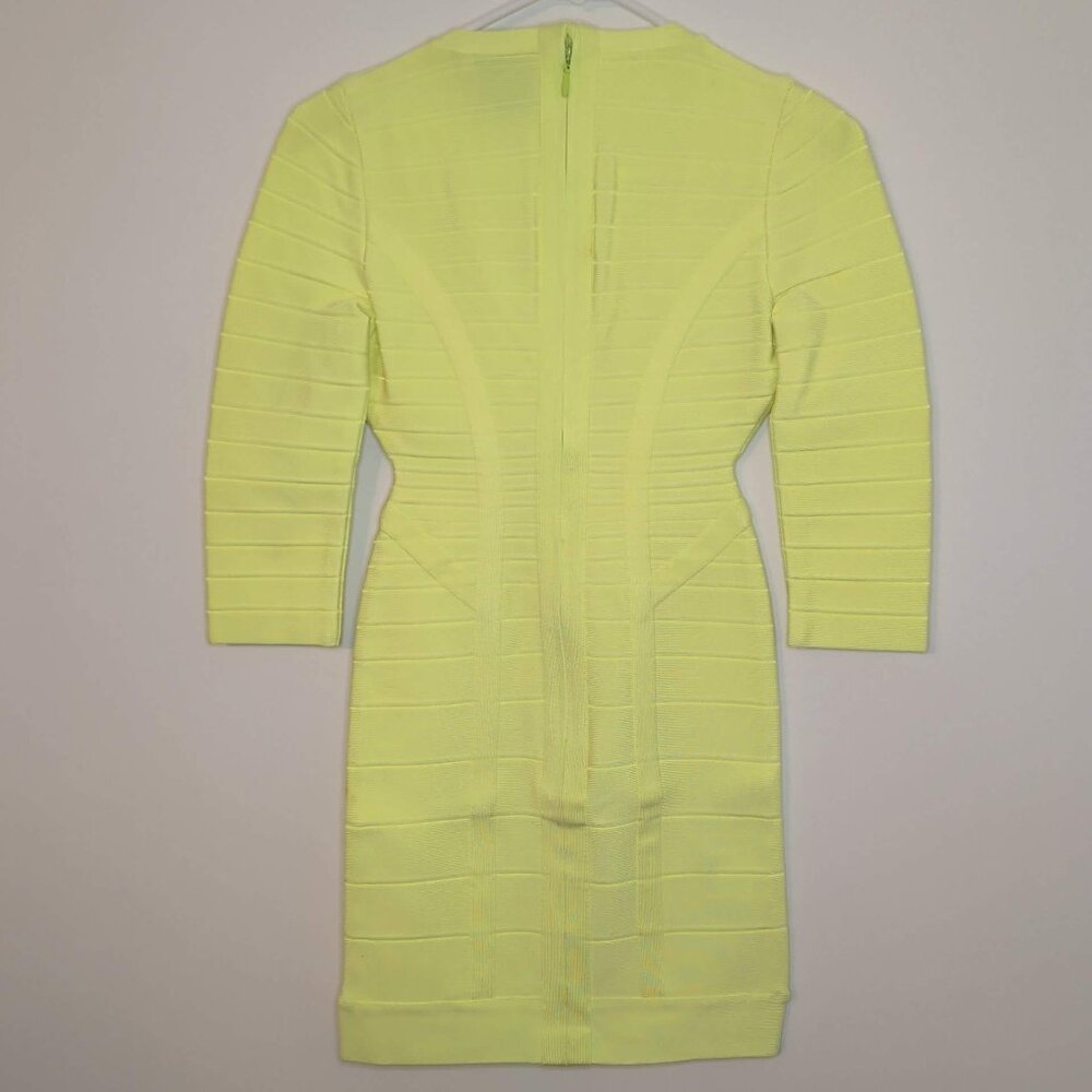 Herve Leger Neon Yellow/Green 'Nathalia' V-Neck 3/4 Sleeve Bandage Mini Dress - Picture 8 of 12